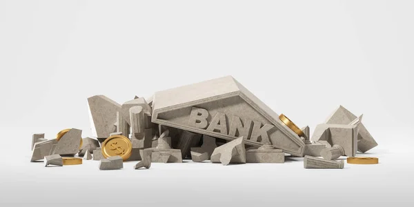 Ruïneerde Bank Met Gouden Munten Kopieer Ruimte Achtergrond Economische Ineenstorting — Stockfoto