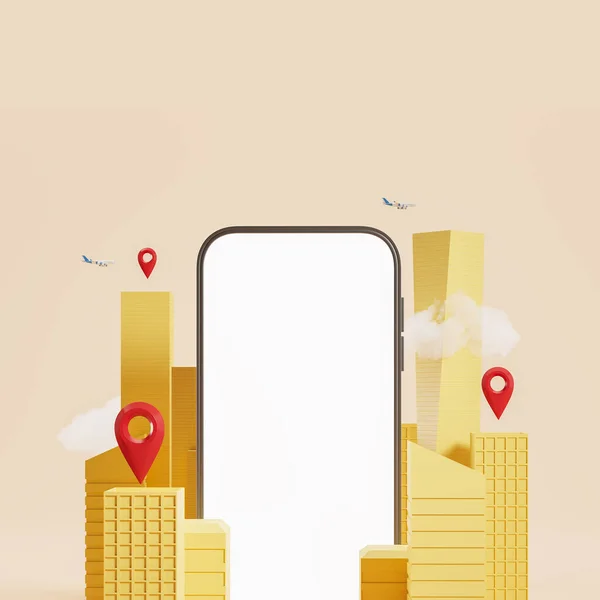 Vista Smartphone Com Tela Simulação Cidade Com Geotags Conceito Aplicações — Fotografia de Stock