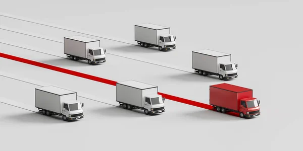Wiersz Ciężarówek Ruchu Widok Boku Czerwone Białe Dostawcze Furgonetki Pojęcie — Zdjęcie stockowe