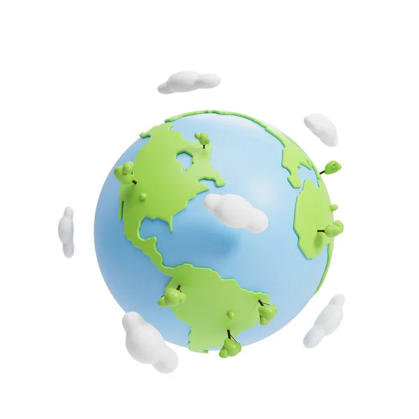 Планета Земля Деревьями Облаками Белом Фоне Концепция Путешествий Экологии Рендеринг — стоковое фото