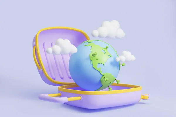 Planeet Aarde Met Bomen Wolken Gele Paarse Koffer Paarse Achtergrond — Stockfoto