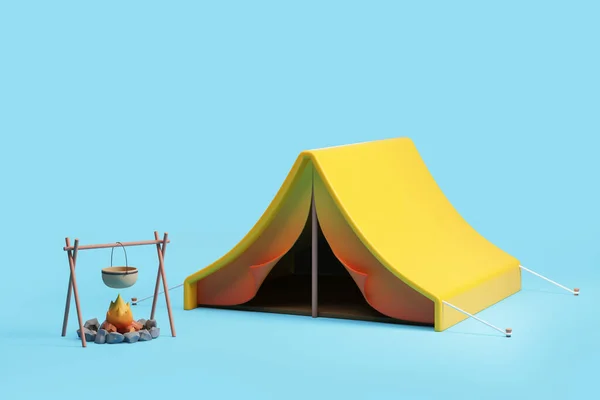 黄色帐篷和篝火空旷的复制空间蓝色背景 野生自然旅游和探险 旅行的概念 3D渲染说明 — 图库照片