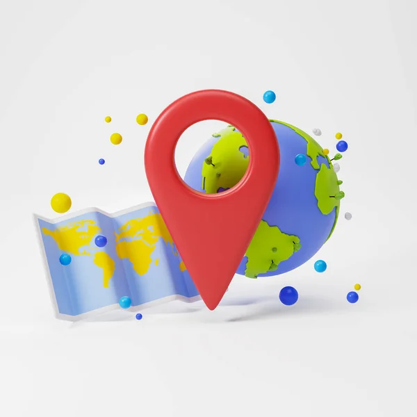 Planet Earth and world map behind big red geolocation tag over white background. Concept of tourism and travel. 3d rendering