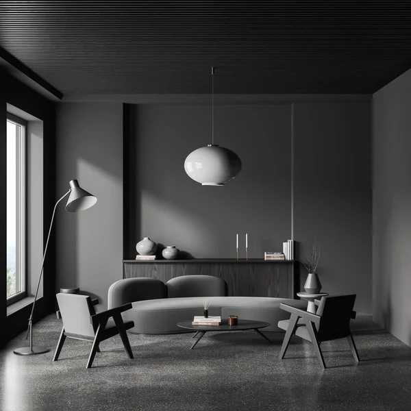 黑暗的客厅内部有沙发和扶手椅 抽屉里有装饰 咖啡桌上有书籍 地毯上灰色混凝土地板 工作室公寓的休息区 3D渲染 — 图库照片