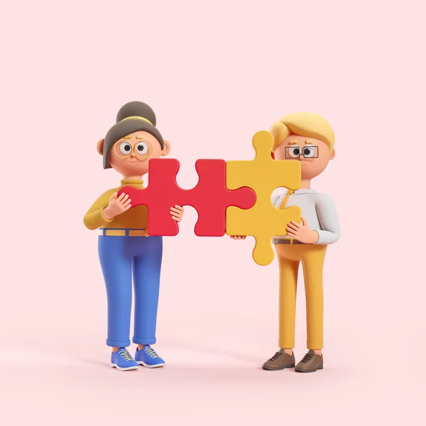 Rendering Two Cartoon Characters Man Woman Matching Jigsaw Puzzle Pieces — Stock Photo, Image