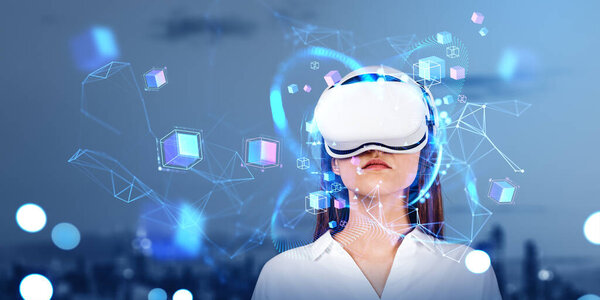 Businesswoman portrait in vr glasses, colorful data blocks floating in cyberspace, information fields digital hologram. Concept of futuristic technology