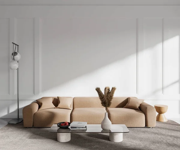 Weiße Wohnzimmereinrichtung Mit Sofa Und Couchtisch Mit Dekoration Teppich Auf — Stockfoto