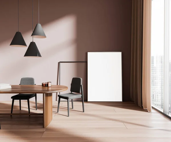 Interior Stylish Dining Room Beige Walls Wooden Floor Dark Wooden — Stock Photo, Image
