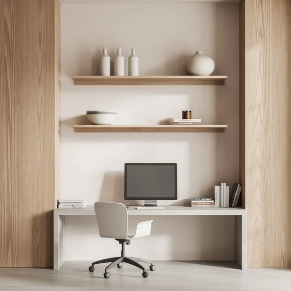 现代家庭办公室的内部有白色和木制的墙壁 混凝土地面和舒适的电脑桌与白色椅子 3D渲染 — 图库照片