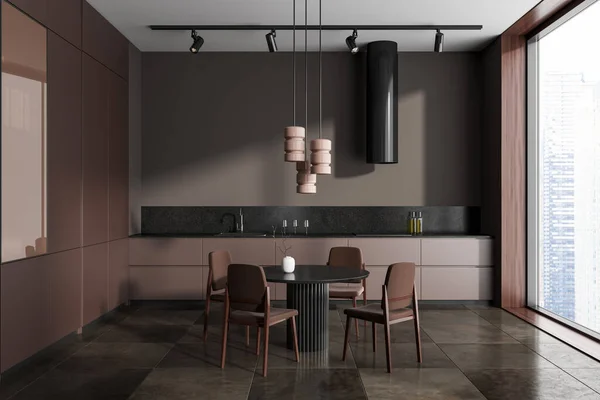 Interieur Der Modernen Küche Mit Grauen Und Braunen Wänden Dunklem — Stockfoto
