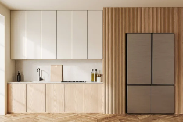Interior Cozinha Moderna Com Paredes Brancas Piso Madeira Armários Madeira — Fotografia de Stock