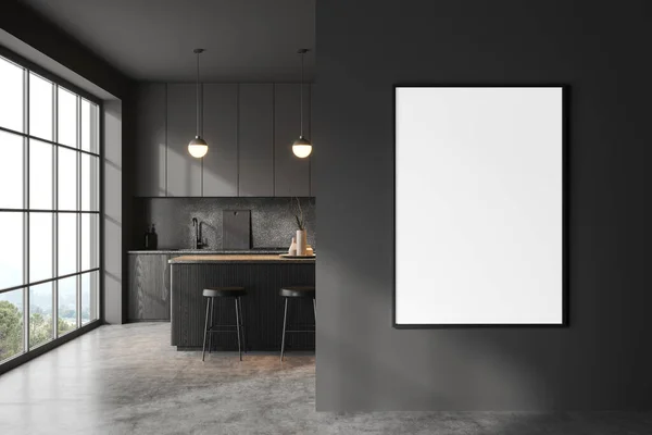 グレーの壁 コンクリートの床 暗い木製のキャビネット スツール付きのバーカウンター 右側の垂直モックアップポスター付きのスタイリッシュなキッチンのインテリア 3Dレンダリング — ストック写真