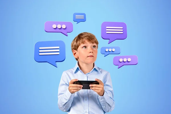 Child play games, phone in hand looking up speech and text bubbles icons. Concept of online network, mobile app, communication and messenger