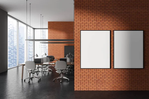 Intérieur Bureau Moderne Aire Ouverte Avec Murs Gris Briques Sol — Photo