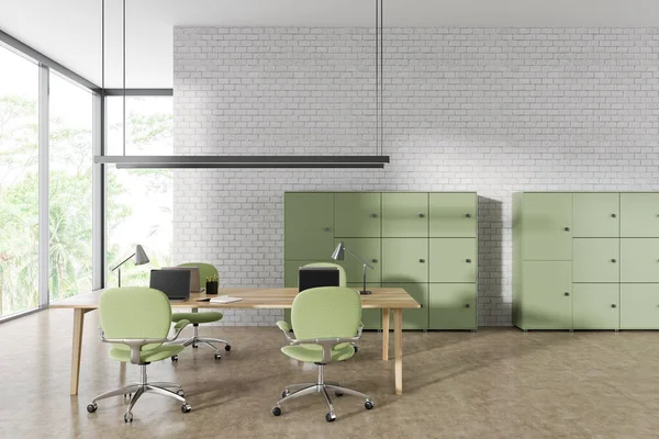 White Brick Office Interior Green Armchairs Laptop Shared Desk Beige — Stock Photo, Image