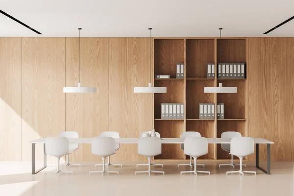 Minimalist Office Interior Meeting Board Wooden Shelf Folders White Concrete — Stock Photo, Image