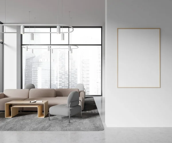 Interieur Eines Modernen Büro Wartezimmers Mit Weißen Wänden Beigem Sofa — Stockfoto