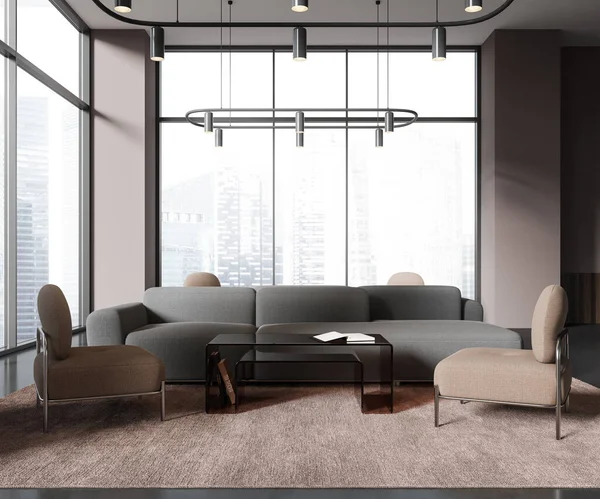 Dunkler Büroinnenraum Mit Sofa Und Weichen Sesseln Auf Teppich Panoramafenster — Stockfoto