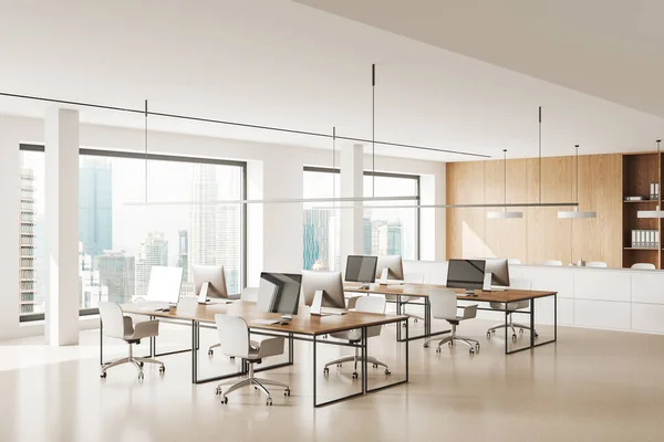 Weißes Bürointerieur Mit Sesseln Und Reihe Seitenansicht Beiger Betonboden Open — Stockfoto