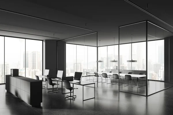 Dark Office Interior Coworking Meeting Corner Glass Doors Shared Desk — Stock Photo, Image