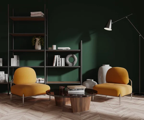 Mörkgrön Vardagsrum Interiör Med Två Fåtöljer Och Soffbord Minimalistisk Dekoration — Stockfoto