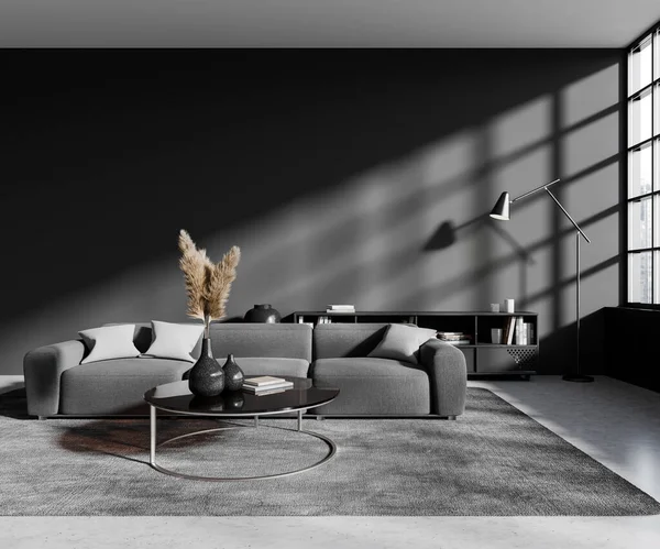 Interieur Van Stijlvolle Woonkamer Met Grijze Muren Betonnen Vloer Comfortabele — Stockfoto