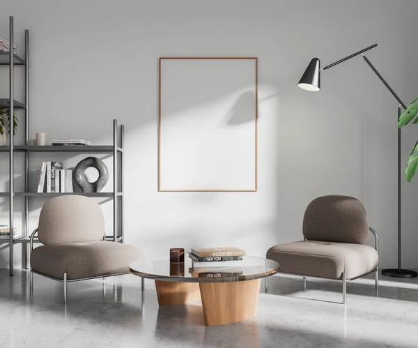 Interior Stylish Living Room White Walls Concrete Floor Two Gray — Stock Photo, Image