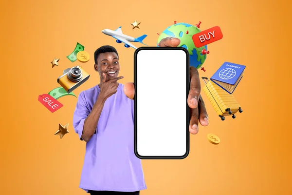 Mutlu Siyah Adam Işaret Parmağı Boş Akıllı Telefon Ekranını Taklit — Stok fotoğraf