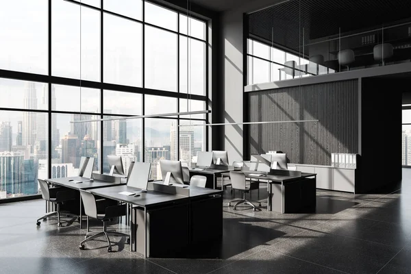 Dunkles Coworking Interieur Mit Sesseln Und Reihe Zweistöckiges Firmenloft Mit — Stockfoto