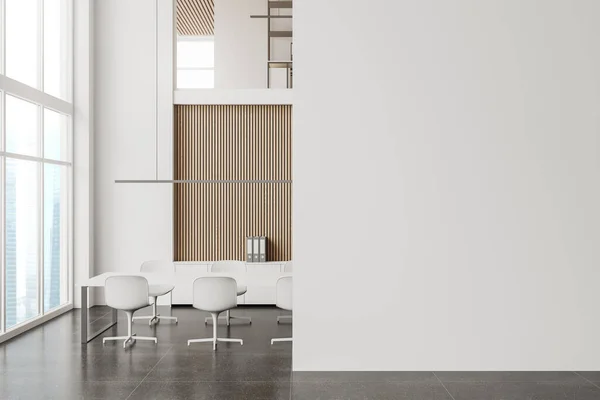 Escritório Branco Reunião Interior Com Cadeiras Placa Prateleira Com Documentos — Fotografia de Stock
