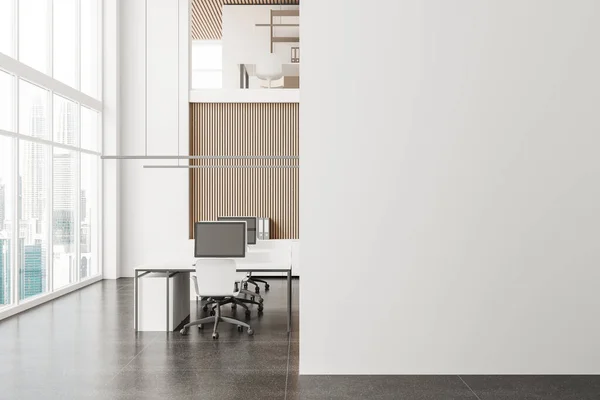 Interior Modern Open Space Office White Wooden Walls Row Computer — Stock Photo, Image