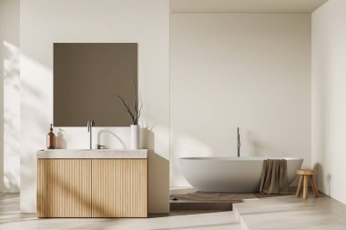 Parlak banyo önü, içi boş beyaz duvar, küvet, kare ayna, lavabo, bitki, beton zemin, halı, şampuanlı tabure, havlu, dolap, musluk. Model yap. 3d oluşturma