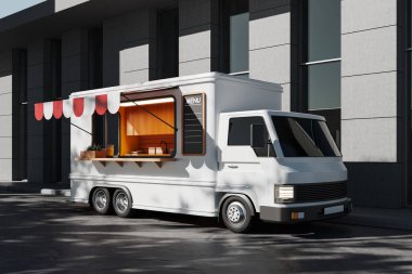 Mutfağı olan beyaz bir yemek kamyonu yemek pişirme alanı ve menüsü olan modern bir minibüs. Yerel şehir yemekleri kavramı. 3B görüntüleme