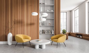 Parlak oturma odasının önü koltuklu kahve masası, panoramik pencere, beyaz duvar, kitaplık, vazo, kitap, beton zemin. Minimalist tasarım kavramı. 3d oluşturma