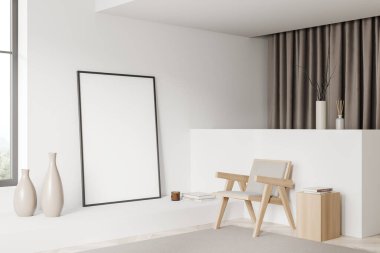 Beyaz oturma odası koltuklu, yan manzaralı, dekorasyonu ve penceresi kırsal, halısı ahşap zeminli. Tuvalin posterini hazırla. 3B görüntüleme