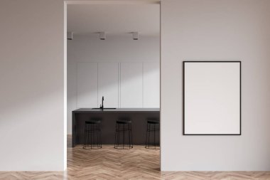Parlak mutfak odası manzaralı, adanın içi boş beyaz poster, bar taburesi, beyaz duvar, ahşap zemin. Minimalist tasarım kavramı. Model yap. 3d oluşturma