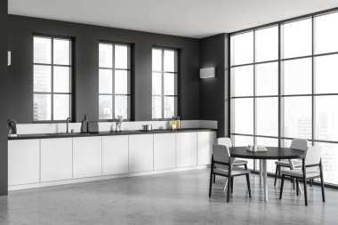 Yemek masası, sandalyeler, yan görüş, gri beton zemin. Mutfak eşyaları beyaz gizli raflarda. Şehir manzarası panoramik pencereli yemek alanı. 3B görüntüleme