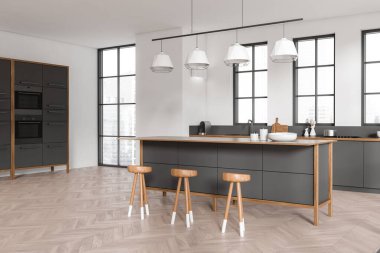 Beyaz mutfak içinde bar sandalyeleri ve ada, yan manzara, ahşap döşeme. Çalışma alanı ve mutfak gereçleri güvertede. Şehir manzarası panoramik pencereli yemek bölgesi. 3B görüntüleme