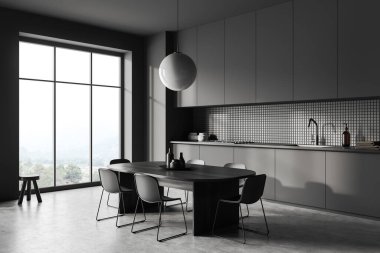 Yemek masası, sandalyeler, yan görüş, gri beton zemin. Mutfak eşyaları ve gizli dolaplar. Kırsal kesimde panoramik pencere. 3B görüntüleme