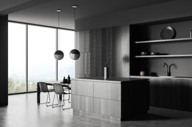 Ada, masa ve gri beton zeminde sandalyeler, yan manzara, kırsal alanda panoramik pencere. Yemek alanı ve mutfak gereçleri olan minimalist bir mutfak. 3B görüntüleme