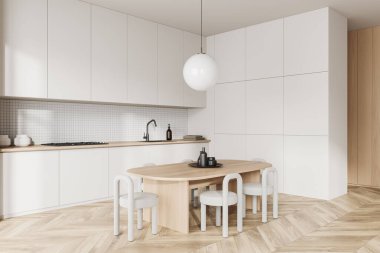 Beyaz mutfak masası, sandalyeler, yan manzara, ahşap döşeme. Mutfak eşyaları, gizli dolaplar, minimalist gizli raflar. 3B görüntüleme