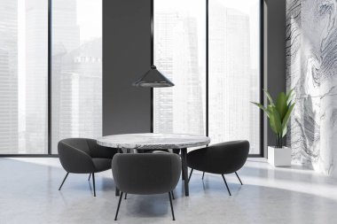 Yemek masası, koltuklar, mermer ve gri duvar, beton zemin, panoramik pencere, ev bitkisi. Minimalist tasarım kavramı. 3d oluşturma