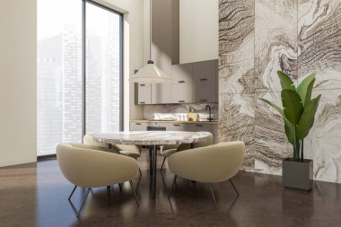 Parlak stüdyo yemeklerinin ve mutfak odasının köşesinde masa, koltuk, mermer ve bej duvar, dolap, fırın, beton zemin, panoramik pencere. Minimalist tasarım kavramı. 3d oluşturma