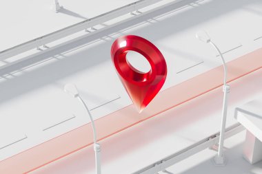 Kırmızı konum işaretleyicisi, coğrafi etiket ve beyaz otobanın üst görüntüsü. Navigasyon kavramı, 3B görüntüleme