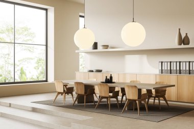 Bej toplantı odası içinde sandalyeler ve pansiyonlar, açık beton podyum ve merdivenler. Büfesi, evrakları ve dekorasyonu olan modern bir ofis. Tropiklerde panoramik pencere, 3B oluşturma