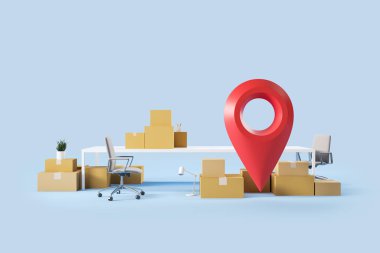 Ofis tahtası ve kırmızı yer işaretli koltuk, karton kutular ve mavi arka planda aletleri olan masa. Taşınma ve nakliye kavramı. 3B görüntüleme