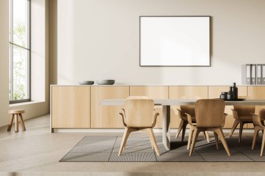 Bej ofis içi sandalyeler ve tahta halı, panoramik pencere tropik yerler. Evrakları ve dekorasyonu olan bir giysi. Tuvalin maketi posteri. 3B görüntüleme