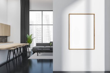 Beyaz mutfak içi rahat bir yer, halı üzerinde kanepe, bar adası ve koyu beton zemin üzerinde pişirme alanı. Şehir manzaralı panoramik pencere. Model poster, 3D görüntüleme