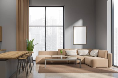 Köşesinde kanepe olan gri oturma odası ve sandalyeli bar adası, bej beton zeminde halı. Singapur şehir manzarasında panoramik pencere. Model poster. 3B görüntüleme