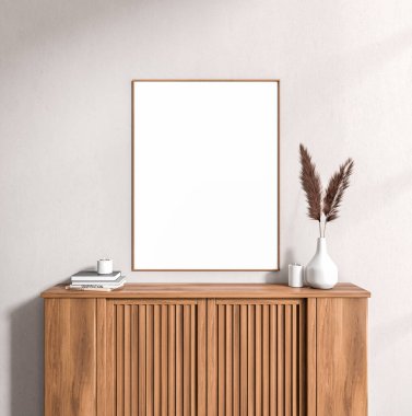 Parlak oturma odasının önü boş beyaz posterle dolu vazo bitkiler, mumlar, kitaplar, büfe. Minimalist tasarım kavramı, modern sanat. Model yap. 3d oluşturma